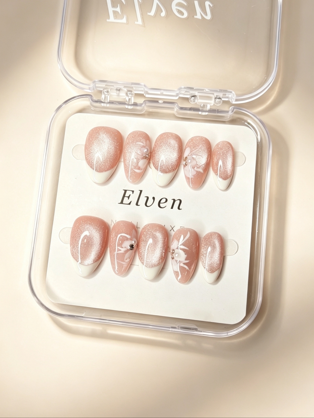 White French Tip Pink Cat Eye With Floral Handmade Press On Nails Short Almond